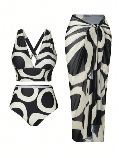 Swim Oasis Summer Beach Plus Size Random Print Swimwear Set, Bathing Suit Beach Outfit Vacay Vibe