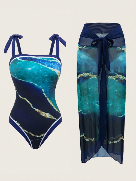 Swim Oasis Summer Beach Women Printed Strap Beachwear Matching One-Piece Swimsuit And Cover Up Skirt