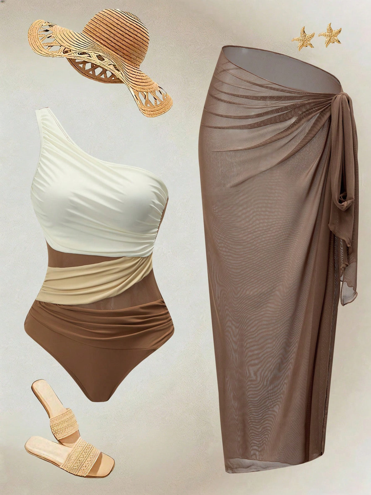 Swim Oasis Women's Elegant Color-Blocking Khaki Set