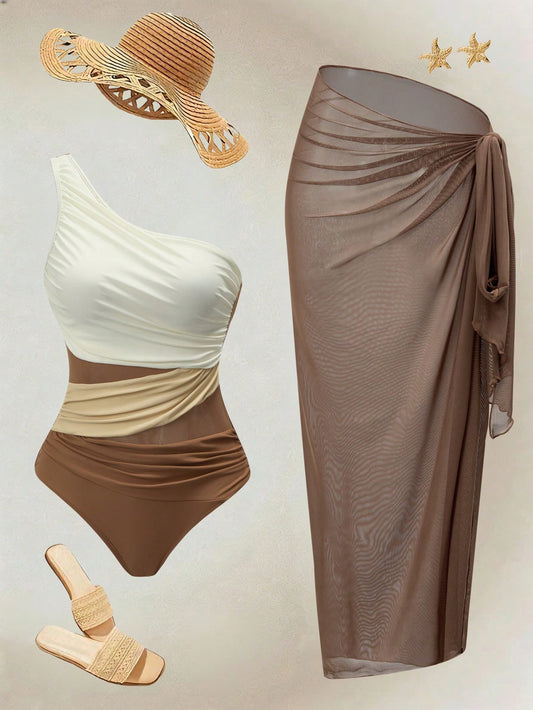 Swim Oasis Women's Elegant Color-Blocking Khaki Set