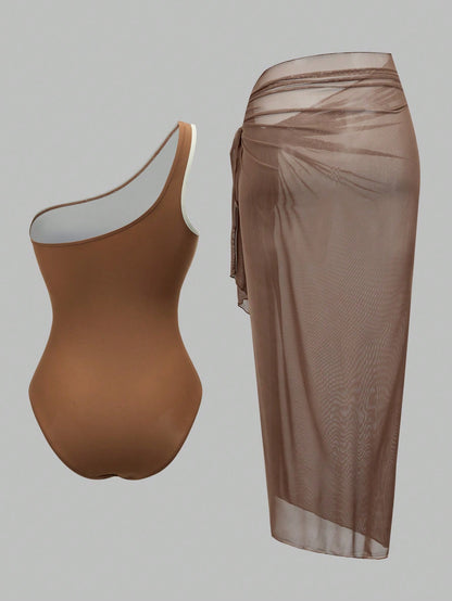 Swim Oasis Women's Elegant Color-Blocking Khaki Set