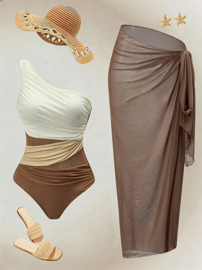 Swim Oasis Women's Elegant Color-Blocking Khaki Set