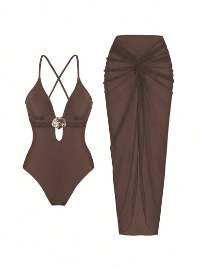Swim Oasis Women's Oasis One-Piece Swimsuit Set, Deep Brown V-Neck Design, Handmade Rope Waistline, Summer Evening One-Piece Swimsuit Set With Crossed Slit Maxi Skirt