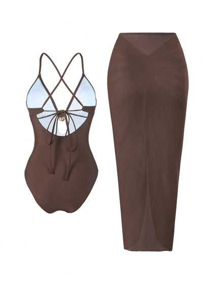 Swim Oasis Women's Oasis One-Piece Swimsuit Set, Deep Brown V-Neck Design, Handmade Rope Waistline, Summer Evening One-Piece Swimsuit Set With Crossed Slit Maxi Skirt