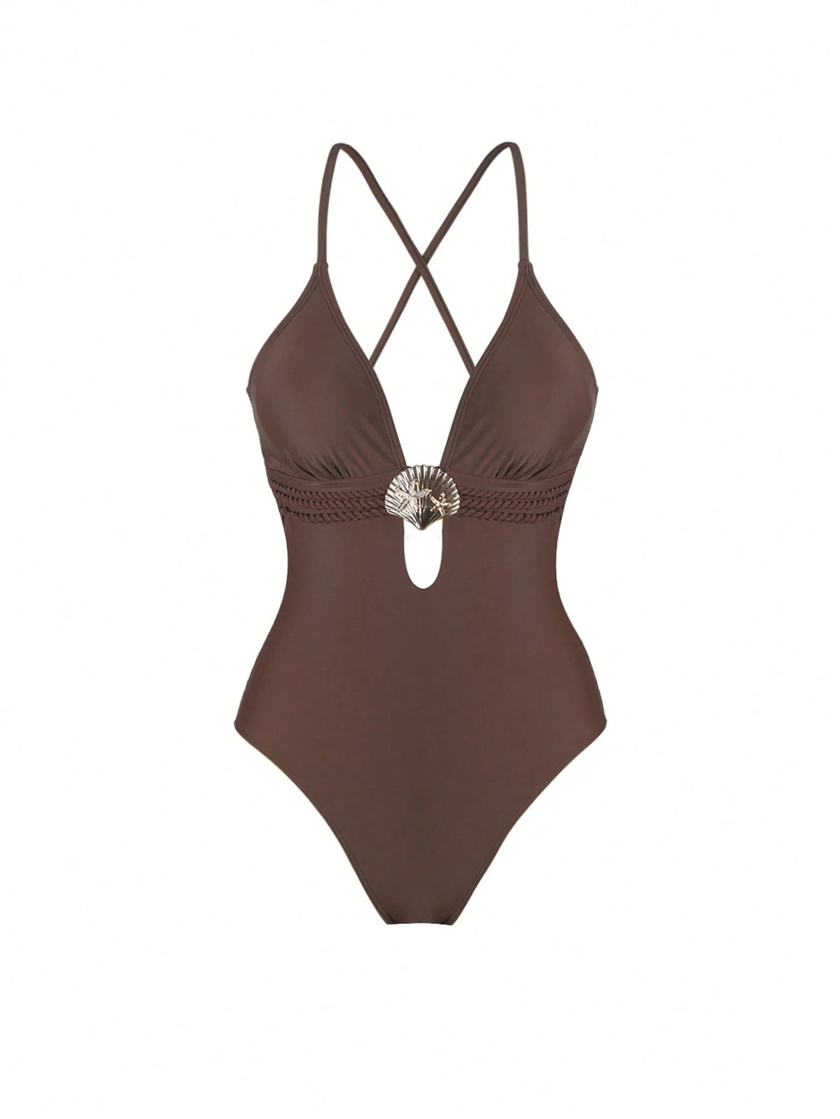 Swim Oasis Women's Oasis One-Piece Swimsuit Set, Deep Brown V-Neck Design, Handmade Rope Waistline, Summer Evening One-Piece Swimsuit Set With Crossed Slit Maxi Skirt