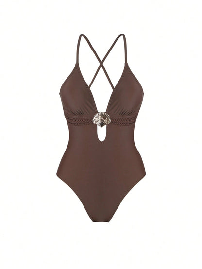 Swim Oasis Women's Oasis One-Piece Swimsuit Set, Deep Brown V-Neck Design, Handmade Rope Waistline, Summer Evening One-Piece Swimsuit Set With Crossed Slit Maxi Skirt