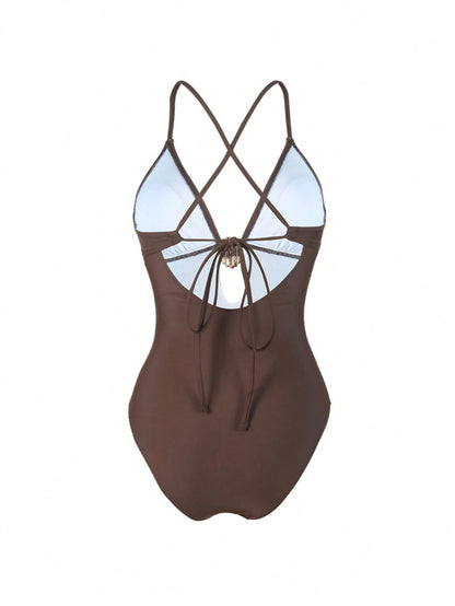 Swim Oasis Women's Oasis One-Piece Swimsuit Set, Deep Brown V-Neck Design, Handmade Rope Waistline, Summer Evening One-Piece Swimsuit Set With Crossed Slit Maxi Skirt