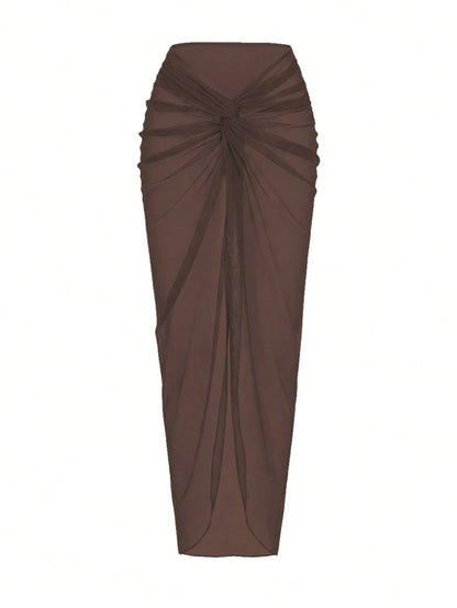 Swim Oasis Women's Oasis One-Piece Swimsuit Set, Deep Brown V-Neck Design, Handmade Rope Waistline, Summer Evening One-Piece Swimsuit Set With Crossed Slit Maxi Skirt