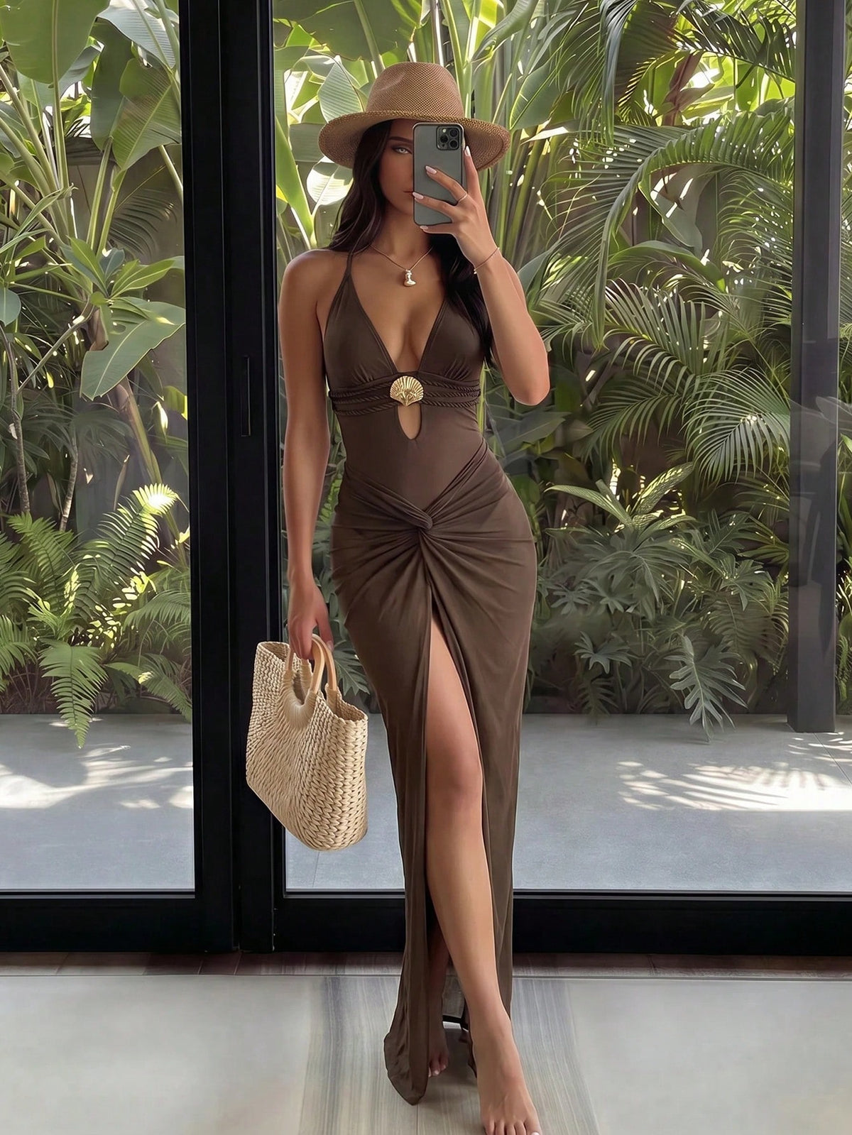 Swim Oasis Women's Oasis One-Piece Swimsuit Set, Deep Brown V-Neck Design, Handmade Rope Waistline, Summer Evening One-Piece Swimsuit Set With Crossed Slit Maxi Skirt