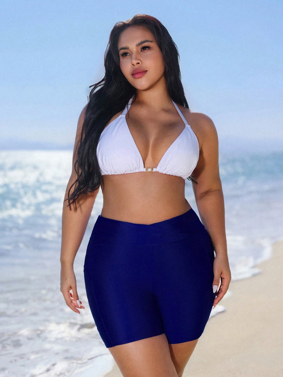 Swim Plus Size Women Slimming Solid Navy Blue Summer Beach Vacation Swimwear Shorts