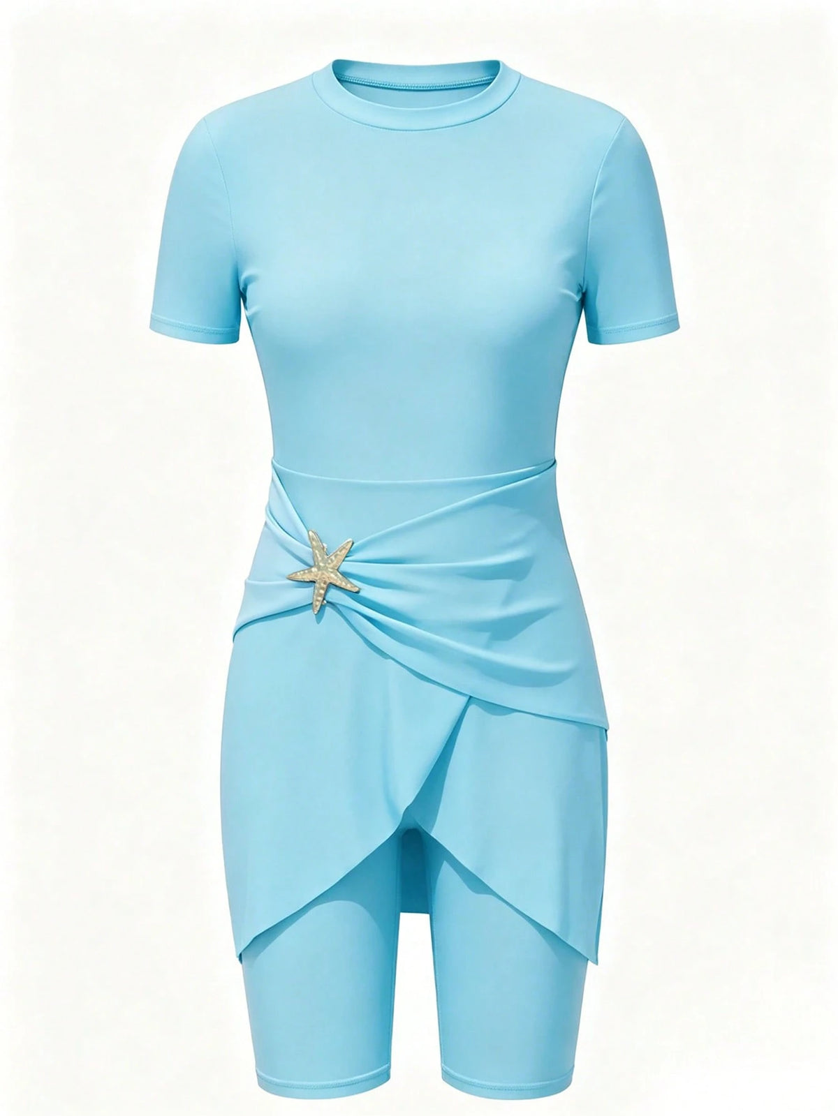 Swim Shayni New Summer Women's Round Neck Short Sleeve Dress With Layered Hem And Side Waist Starfish Decoration Knee Length Pants Black Casual Vacation Burkini Set