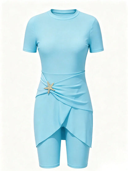 Swim Shayni New Summer Women's Round Neck Short Sleeve Dress With Layered Hem And Side Waist Starfish Decoration Knee Length Pants Black Casual Vacation Burkini Set