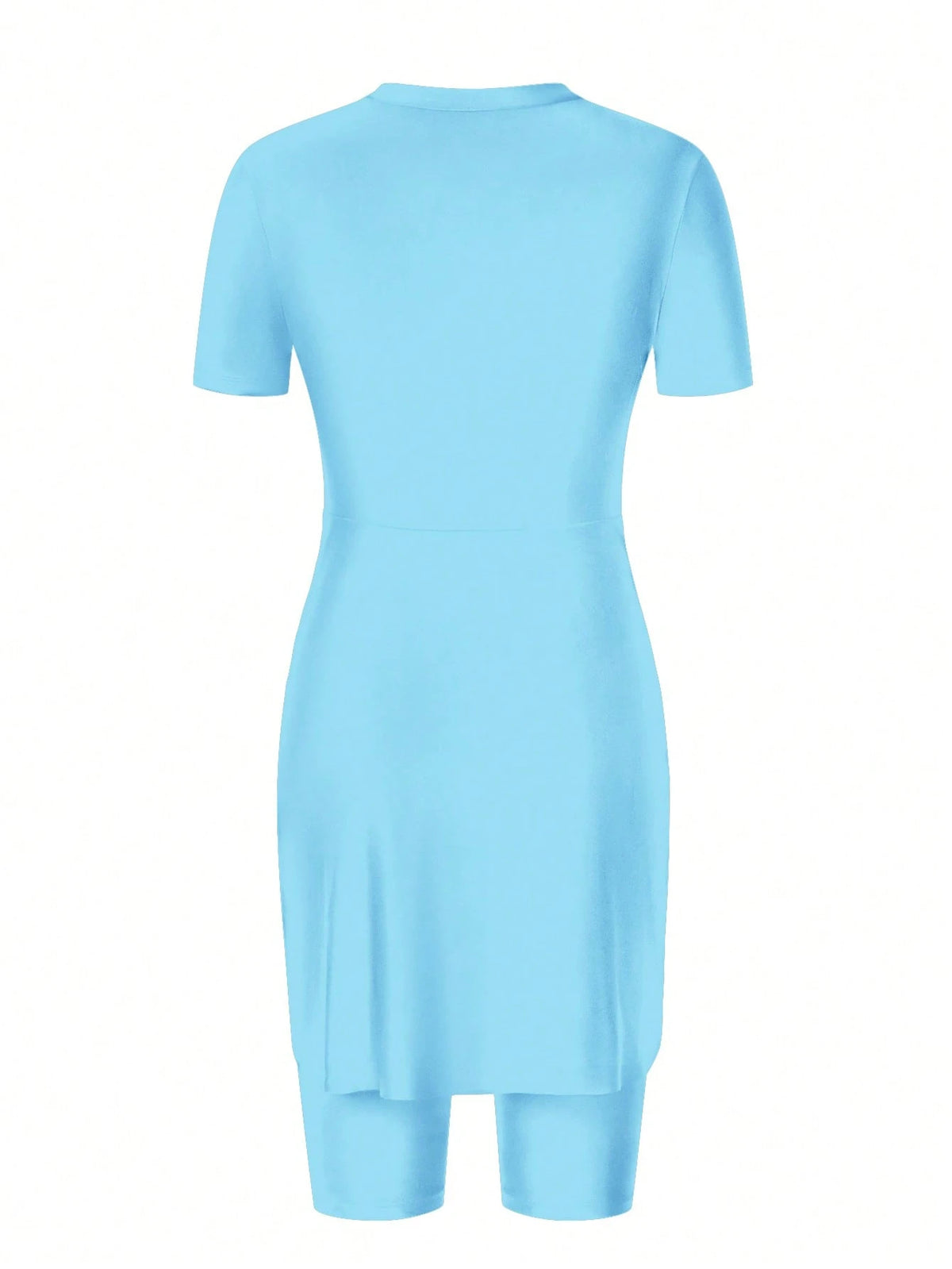 Swim Shayni New Summer Women's Round Neck Short Sleeve Dress With Layered Hem And Side Waist Starfish Decoration Knee Length Pants Black Casual Vacation Burkini Set