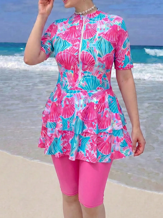 Swim Shayni Plus Size Ruffled Burkini, Shell Print Modest Swimwear, European And American Style Beach Holiday Two-Piece Swimwear