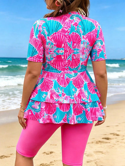Swim Shayni Plus Size Ruffled Burkini, Shell Print Modest Swimwear, European And American Style Beach Holiday Two-Piece Swimwear