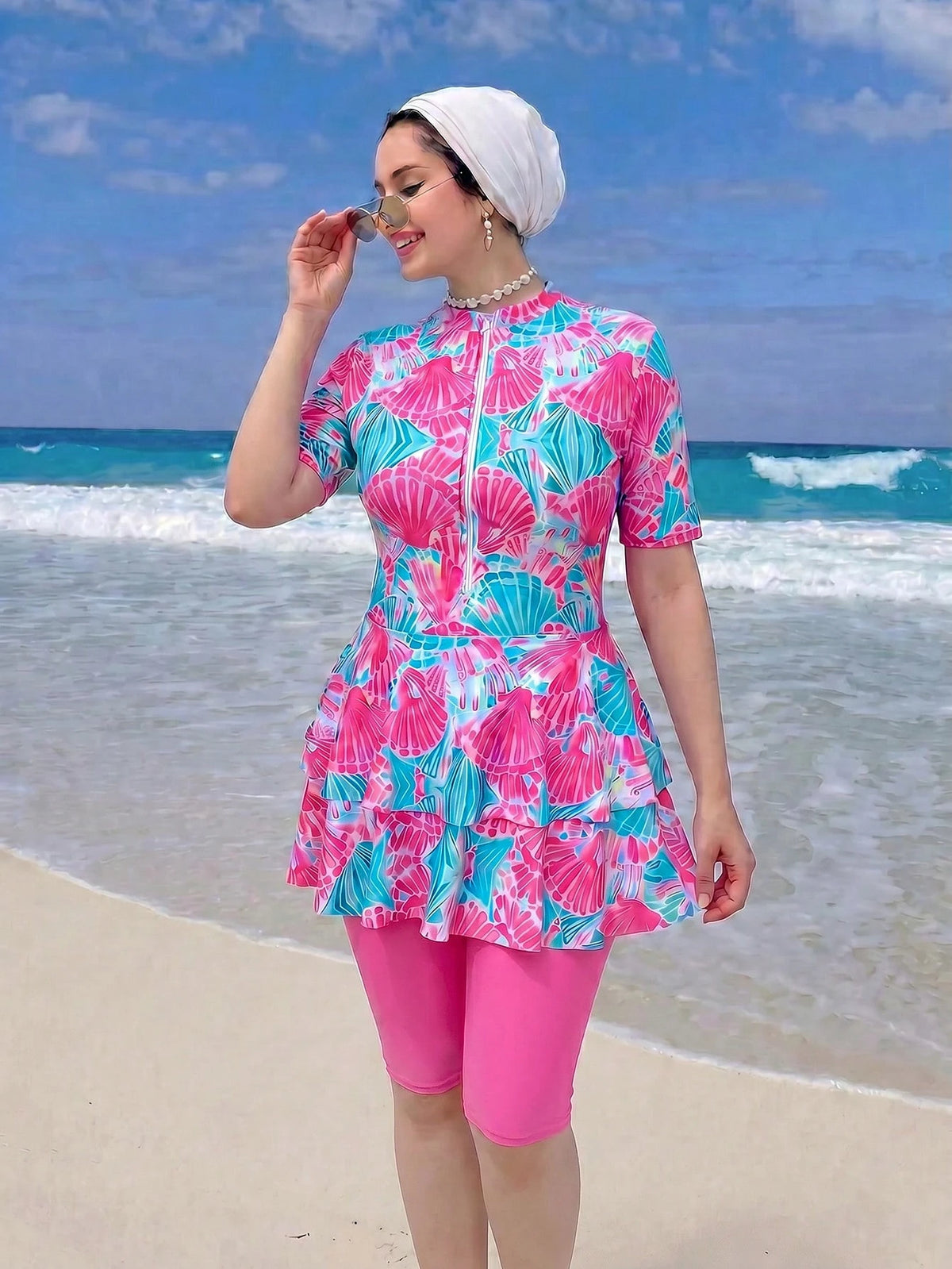 Swim Shayni Plus Size Ruffled Burkini, Shell Print Modest Swimwear, European And American Style Beach Holiday Two-Piece Swimwear