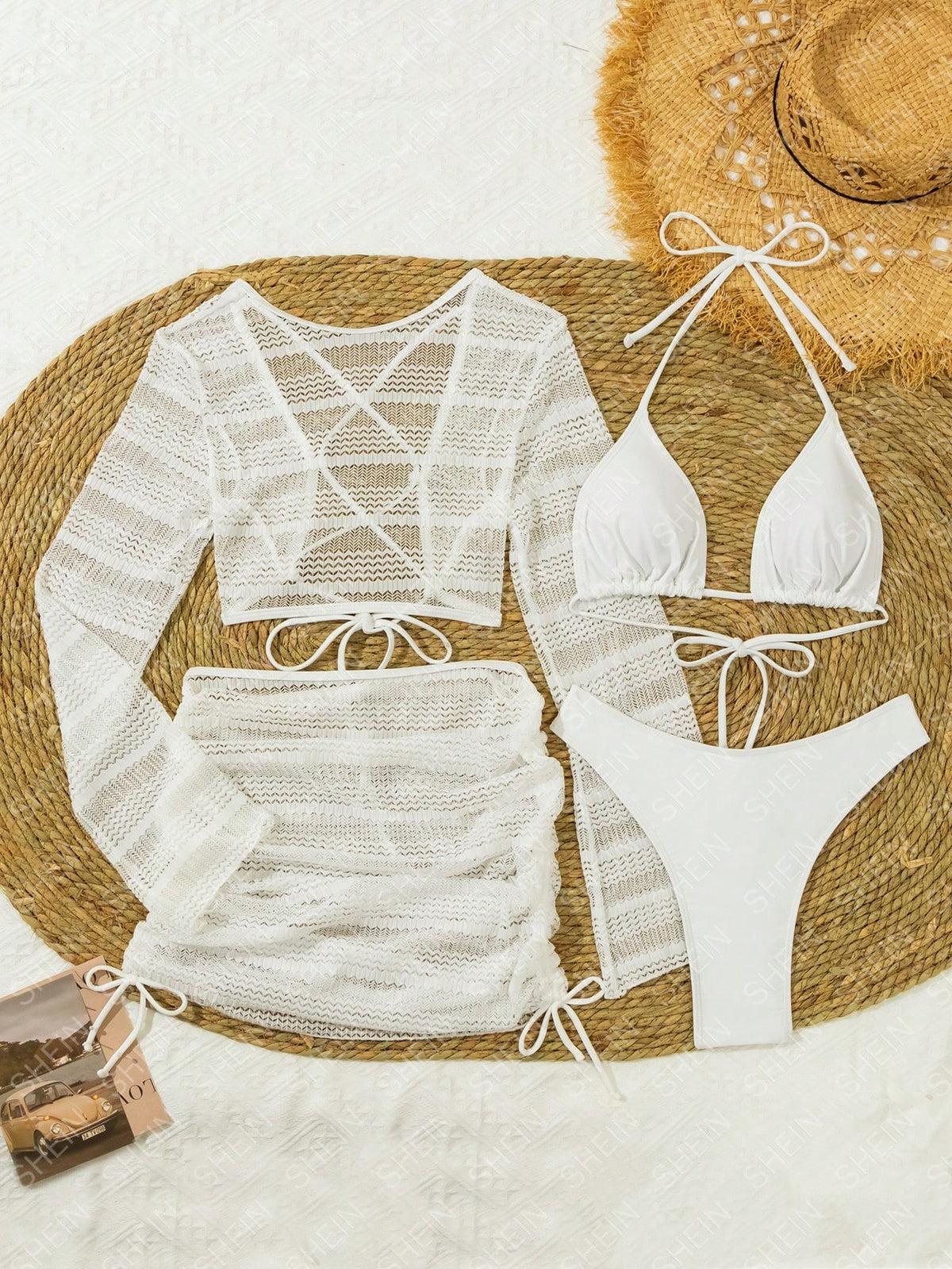 Swim Solid Color Halter Neck Bikini Set With 4 Pieces, Bikini Set Outfit Beach Swimwear Bathing Suit Music Festival Summer,Summer Beach
