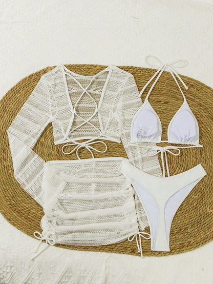 Swim Solid Color Halter Neck Bikini Set With 4 Pieces, Bikini Set Outfit Beach Swimwear Bathing Suit Music Festival Summer,Summer Beach