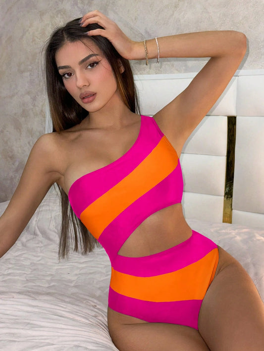 Swim SPRTY 1pc Women's Colorblock One-Piece Splice Simple Slim One-Piece Swimsuit, For Summer Beach Vacation