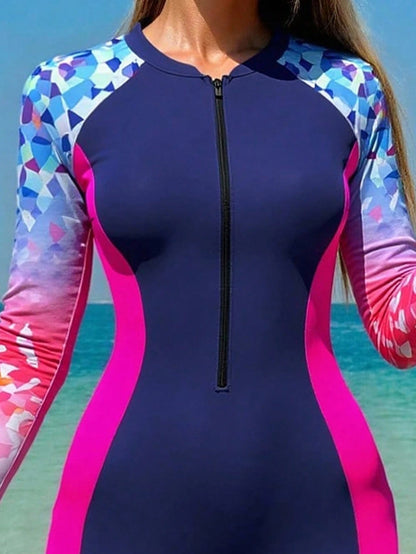 Swim SPRTY 2025 New Women Multi-Color Placement Print One-Piece Swimsuit, Beach Holiday Casual Sports Surfwear For Summer Beach Vacation