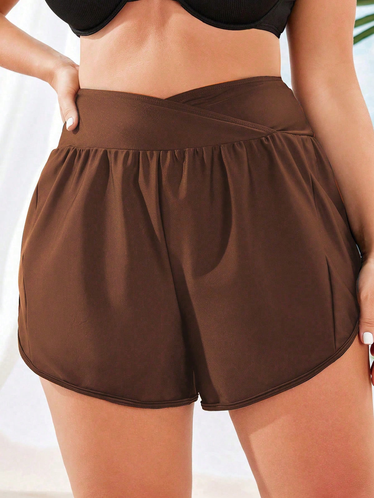Swim SPRTY Plus Size Women Beach Shorts And Cover Up, Solid Color For Summer Beach Vacation