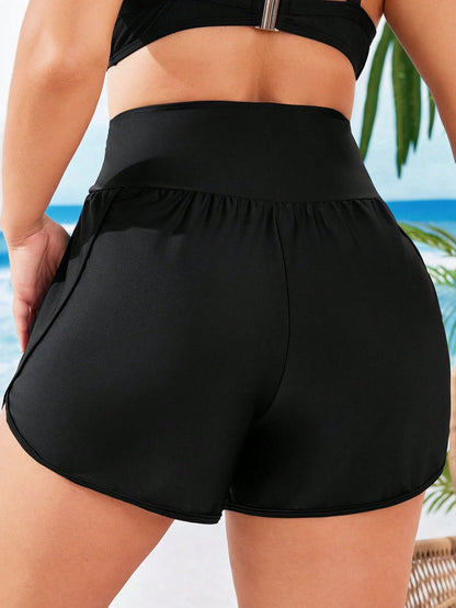 Swim SPRTY Plus Size Women Beach Shorts And Cover Up, Solid Color For Summer Beach Vacation