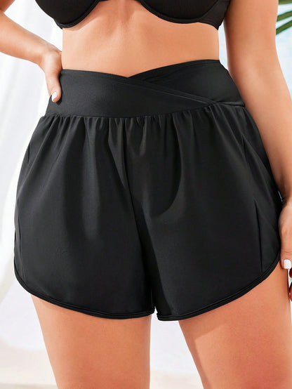 Swim SPRTY Plus Size Women Beach Shorts And Cover Up, Solid Color For Summer Beach Vacation