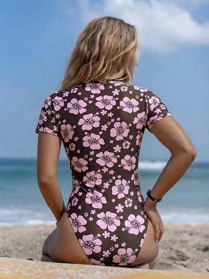 Swim SPRTY Women's Front Zipper One-Piece Swimsuit Yellow Daisy Floral Print Short Sleeve Beachwear,Summer Casual Holiday Pool Party Vacation Holiday Swimsuit