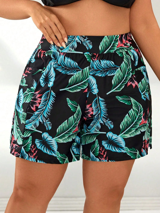 Swim SPRTY Women's Plus Size Tropical Print Beach Shorts: Summer Swimwear Bottoms With Pockets