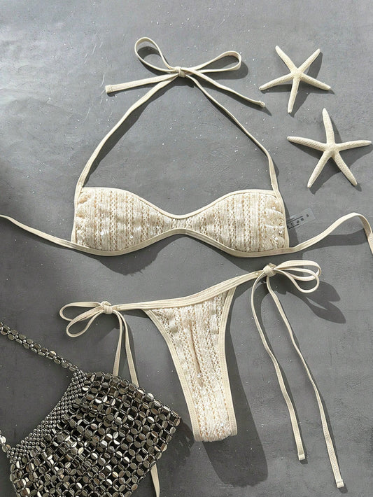 Swim SXY 2-Piece Spring/Summer Beach Vacation Sequin Textured Fabric Halter Bandeau & Side Tie Thong Bikini Set