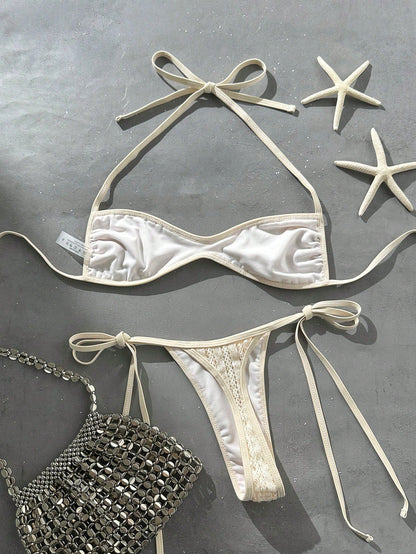 Swim SXY 2-Piece Spring/Summer Beach Vacation Sequin Textured Fabric Halter Bandeau & Side Tie Thong Bikini Set