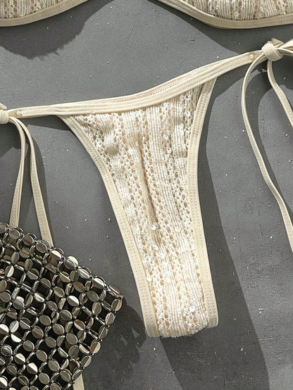 Swim SXY 2-Piece Spring/Summer Beach Vacation Sequin Textured Fabric Halter Bandeau & Side Tie Thong Bikini Set