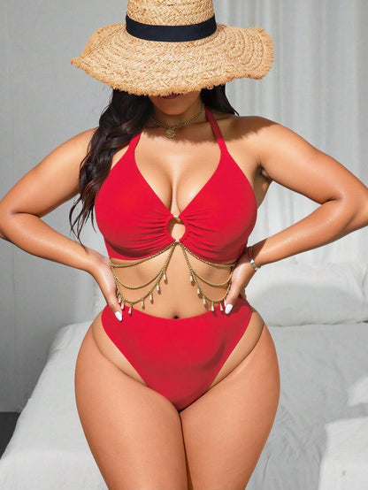 Swim SXY 2026 New Sexy Plus Size Women's Beach Vacation Bikini Set, O-Ring Chain Design, Suitable For Summer Beach Vacation
