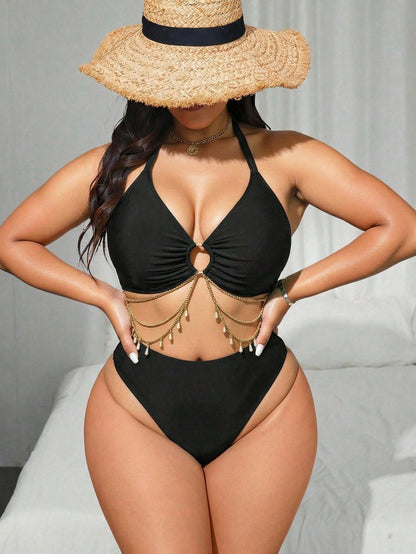 Swim SXY 2026 New Sexy Plus Size Women's Beach Vacation Bikini Set, O-Ring Chain Design, Suitable For Summer Beach Vacation