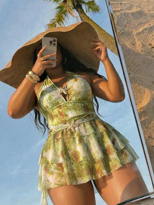 Swim SXY 2026 New Women's Plus Size Summer Fashion Halter Neck Tie Deep V-Neck Starfish Trim Sexy Beach Casual Vacation Party Hot Print Swimsuit 2-Piece Set