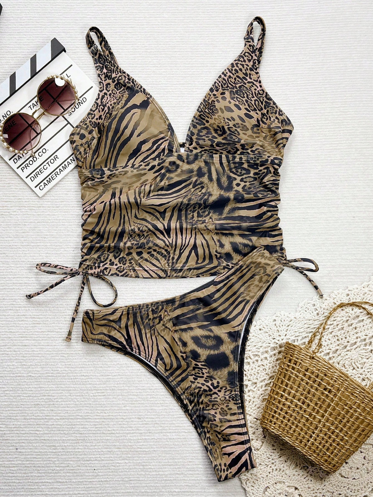 Swim SXY 2pcs Leopard Print Women Beach Outfit, Deep V Backless Gathered Tankini Set, Casual Summer Beach Swimwear