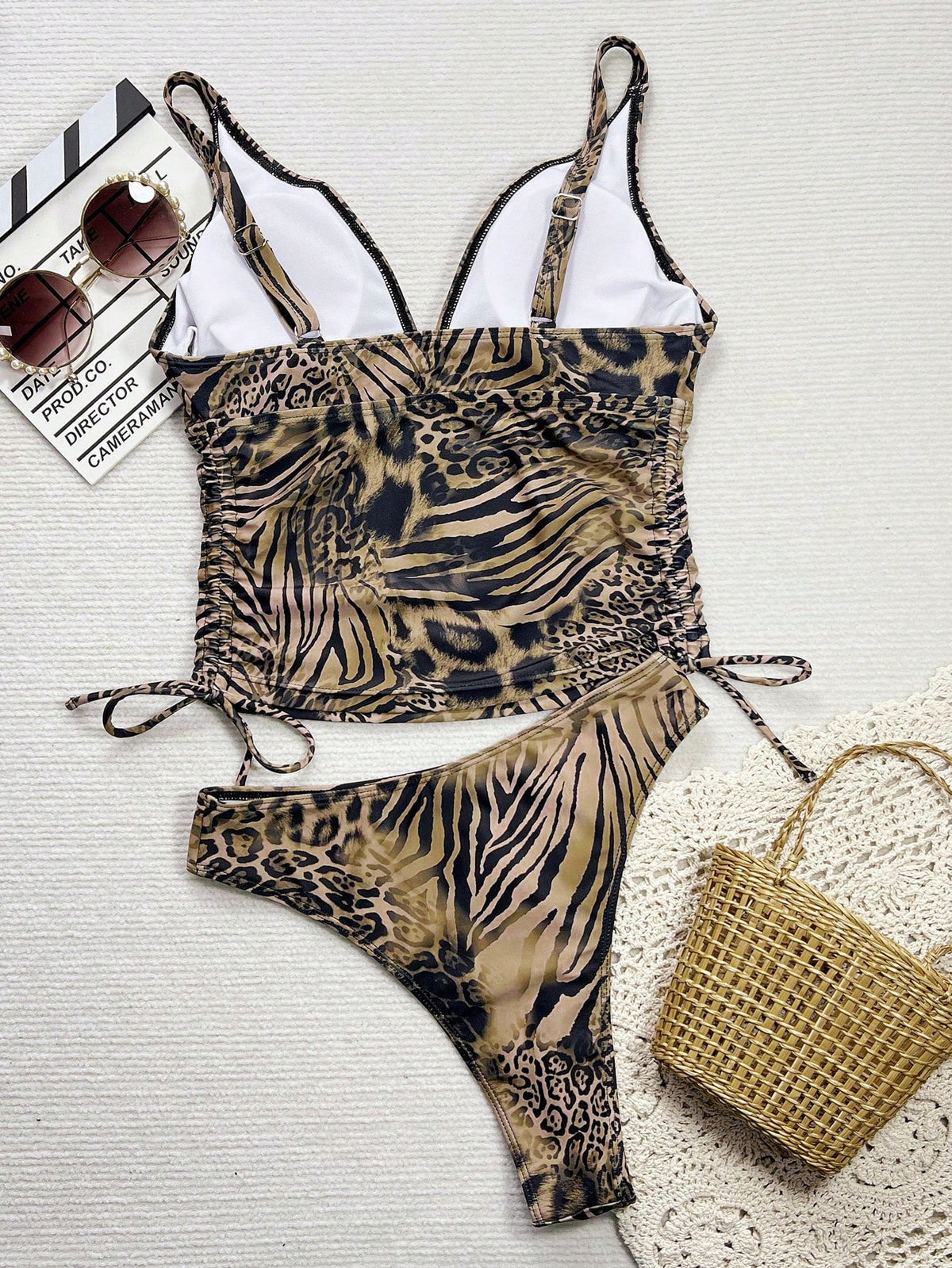 Swim SXY 2pcs Leopard Print Women Beach Outfit, Deep V Backless Gathered Tankini Set, Casual Summer Beach Swimwear