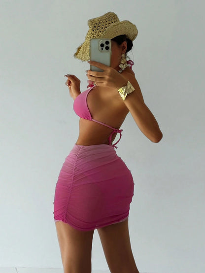 Swim SXY 3pcs Elegant, Sweet And Sexy Beach Gradient Halter Pink Bikini Set With Chiffon Skirt Swimwear, Beach Clothes Outfit For Summer Vacation, Ibiza Outfit