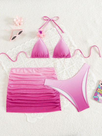 Swim SXY 3pcs Elegant, Sweet And Sexy Beach Gradient Halter Pink Bikini Set With Chiffon Skirt Swimwear, Beach Clothes Outfit For Summer Vacation, Ibiza Outfit