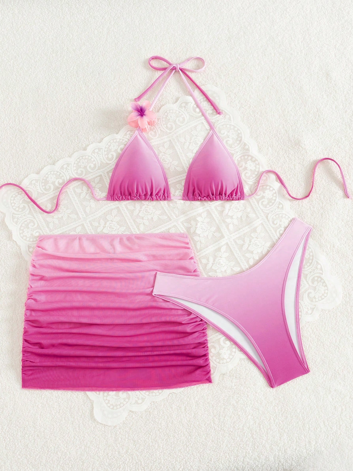 Swim SXY 3pcs Elegant, Sweet And Sexy Beach Gradient Halter Pink Bikini Set With Chiffon Skirt Swimwear, Beach Clothes Outfit For Summer Vacation, Ibiza Outfit