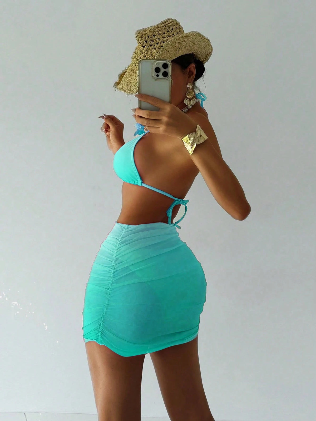 Swim SXY 3pcs Elegant, Sweet And Sexy Beach Gradient Halter Pink Bikini Set With Chiffon Skirt Swimwear, Beach Clothes Outfit For Summer Vacation, Ibiza Outfit