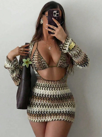 Swim SXY 3pcs/Set Sexy Colorful Hollow Striped Cover-Up, Triangle Bikini Swimwear Set For Women, Spring/Summer