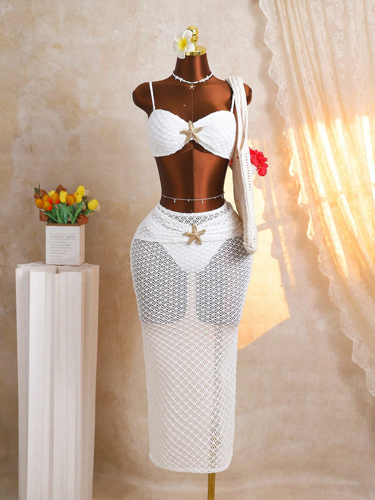 Swim SXY Beach Vacation 3 Pieces Set- Textured Knit Halter Neck Set With Starfish Detail