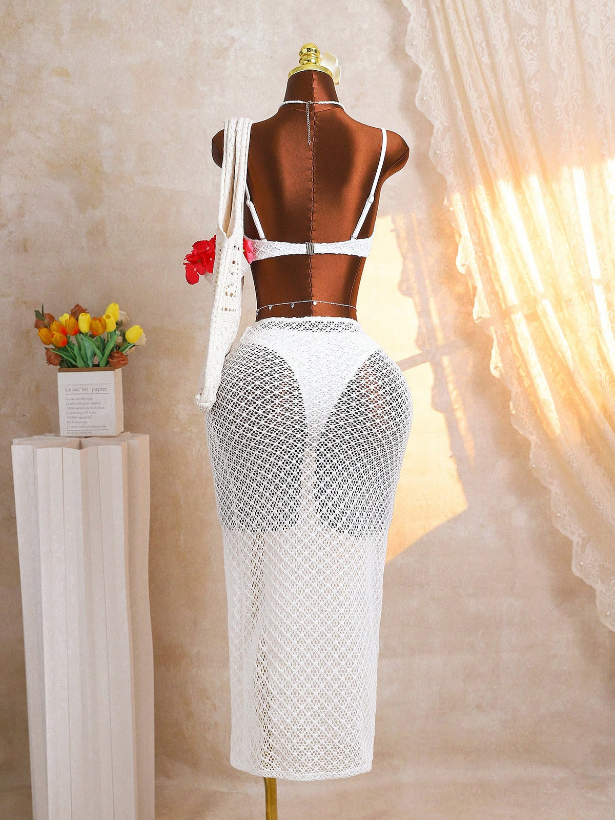 Swim SXY Beach Vacation 3 Pieces Set- Textured Knit Halter Neck Set With Starfish Detail