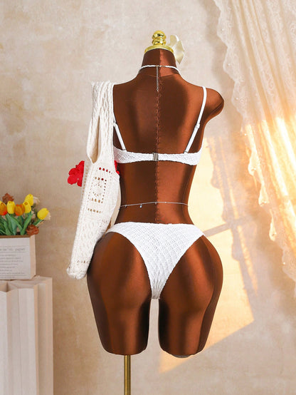 Swim SXY Beach Vacation 3 Pieces Set- Textured Knit Halter Neck Set With Starfish Detail