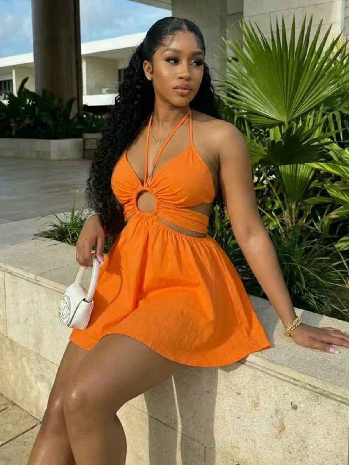 Swim SXY Orange Hollow Neck Sleeveless Dress, Beach Vacation Style Cropped Ruched Mini Skirt, Suitable For Hanging Out With Friends, Party, Casual Vibe Elegant, Aesthetic