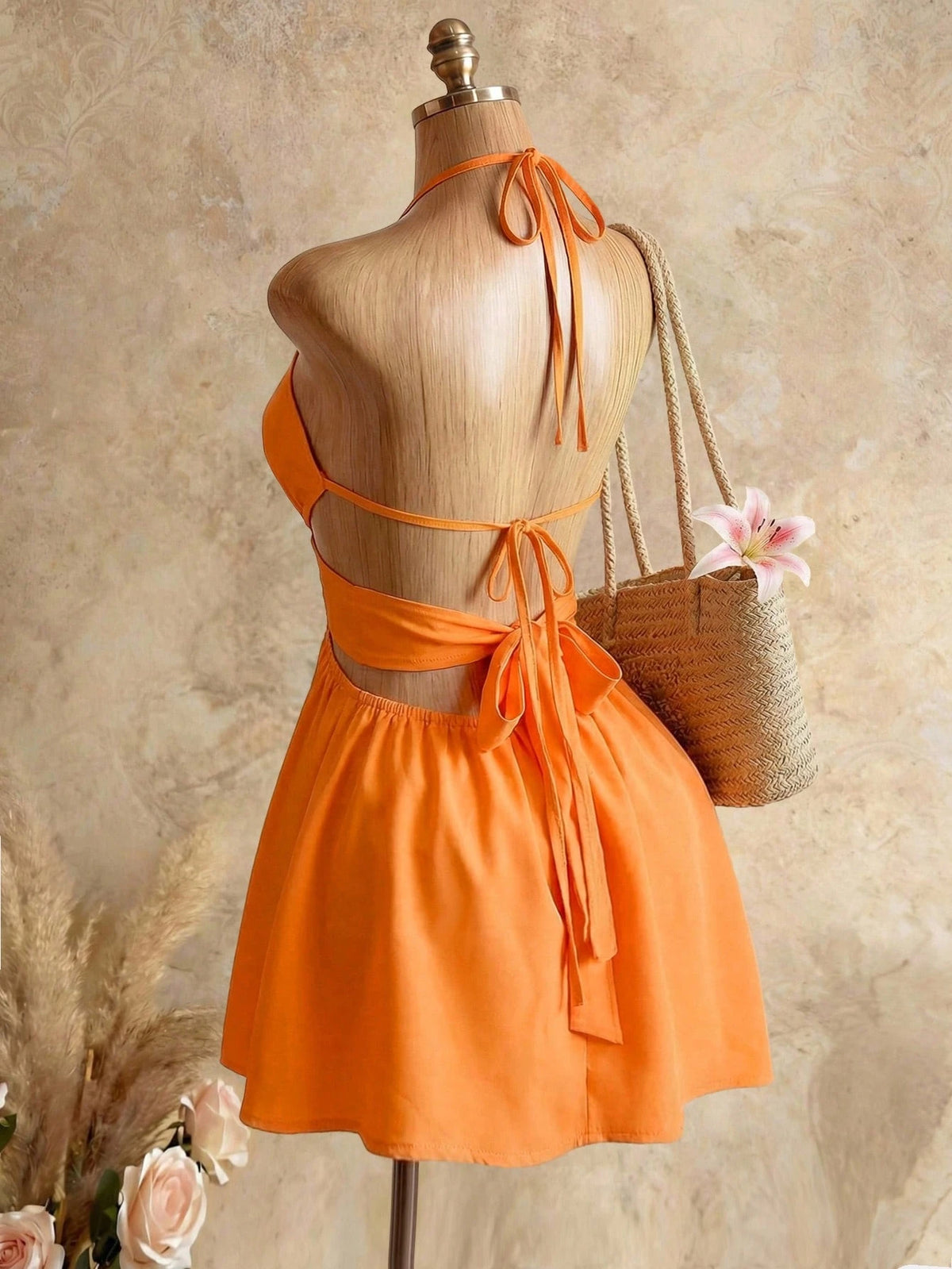 Swim SXY Orange Hollow Neck Sleeveless Dress, Beach Vacation Style Cropped Ruched Mini Skirt, Suitable For Hanging Out With Friends, Party, Casual Vibe Elegant, Aesthetic