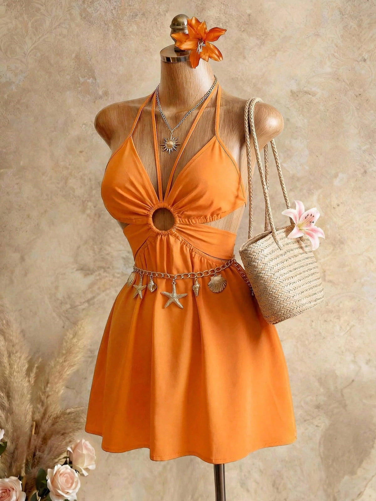 Swim SXY Orange Hollow Neck Sleeveless Dress, Beach Vacation Style Cropped Ruched Mini Skirt, Suitable For Hanging Out With Friends, Party, Casual Vibe Elegant, Aesthetic