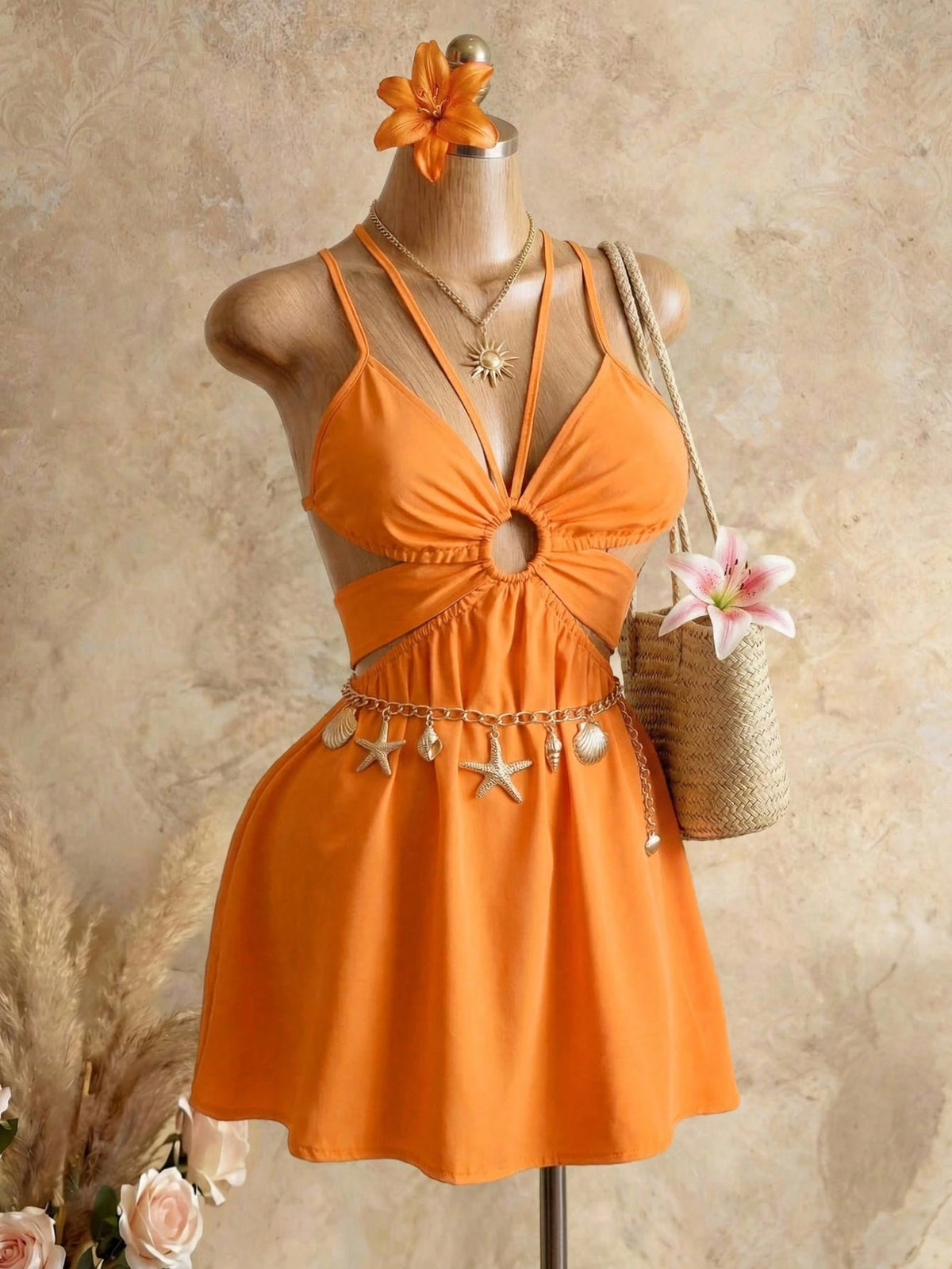 Swim SXY Orange Hollow Neck Sleeveless Dress, Beach Vacation Style Cropped Ruched Mini Skirt, Suitable For Hanging Out With Friends, Party, Casual Vibe Elegant, Aesthetic