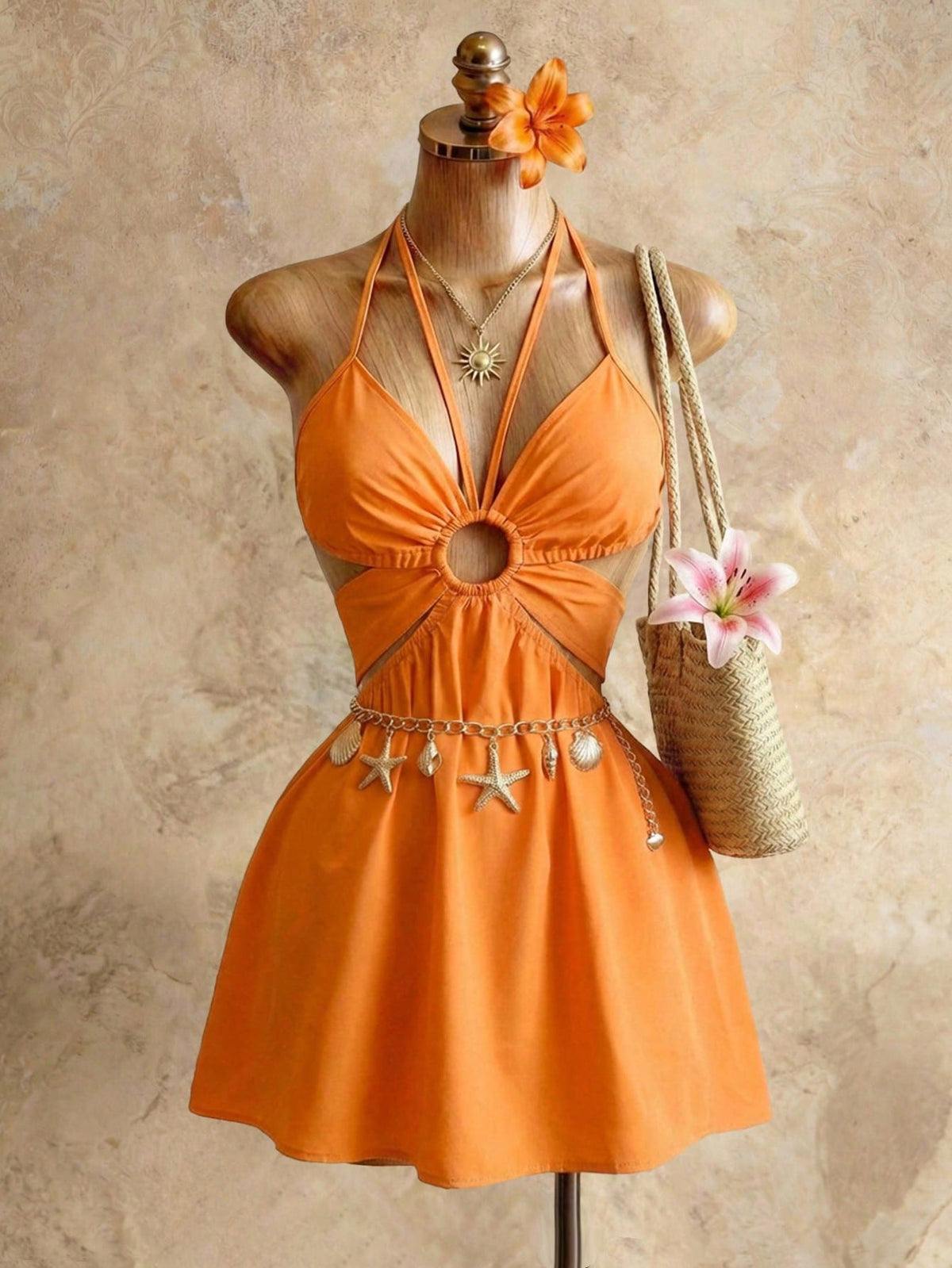 Swim SXY Orange Hollow Neck Sleeveless Dress, Beach Vacation Style Cropped Ruched Mini Skirt, Suitable For Hanging Out With Friends, Party, Casual Vibe Elegant, Aesthetic
